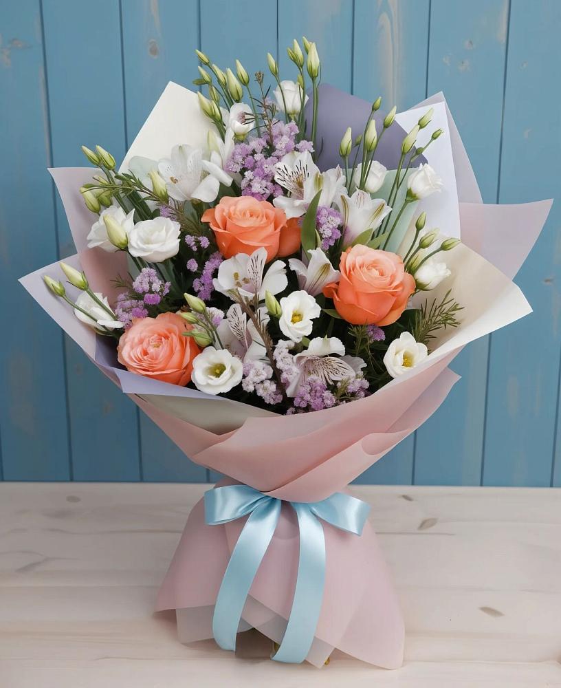 Букет цветов из: Лизиантусы, Розы, Альстромерии и Гипсофила в Большое Полпино