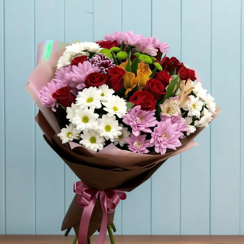 Букет цветов из: Розы, Хризантемы и Альстромерии в Большое Полпино
