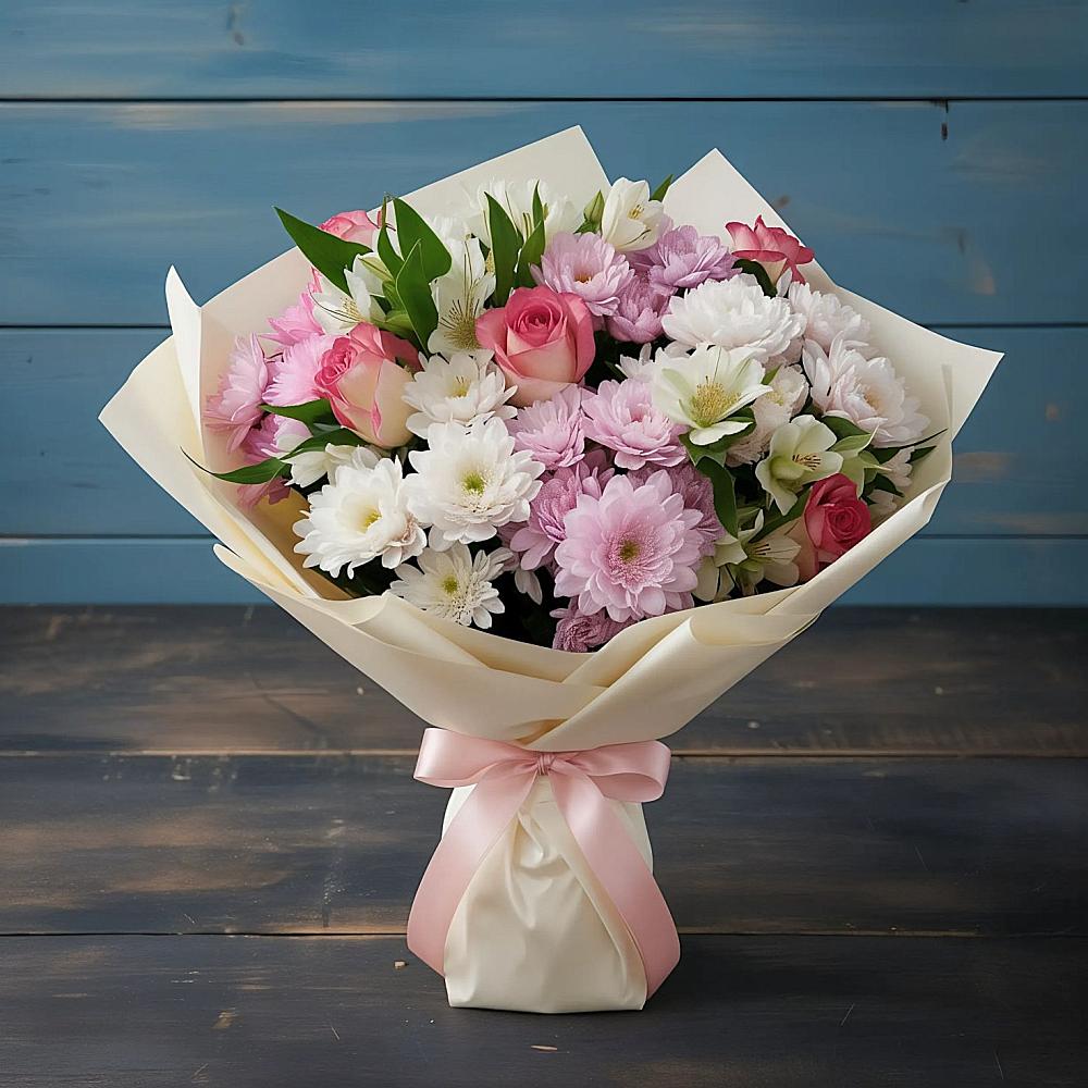 Букет цветов из: Хризантемы, Альстромерии и Розы в Большое Полпино